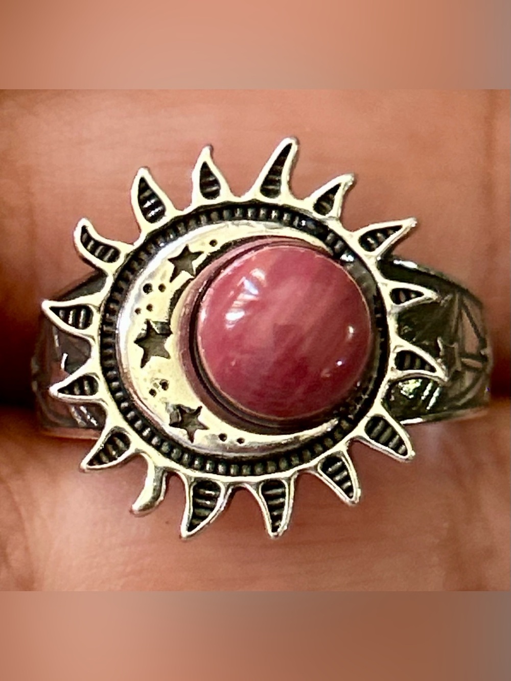 Sun Moon Stars Pink Pink rhodonite Stone Sterling Silver Ring Size New